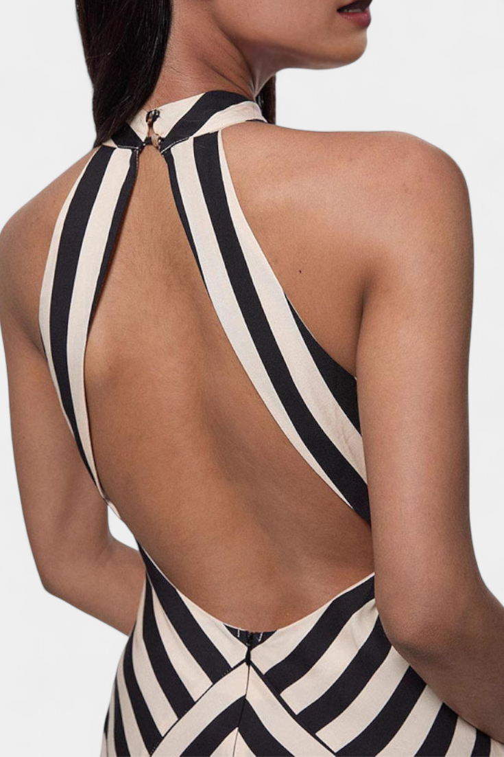 Crispina Ριγέ Maxi Φόρεμα Halter με Ρευστή Γραμμή