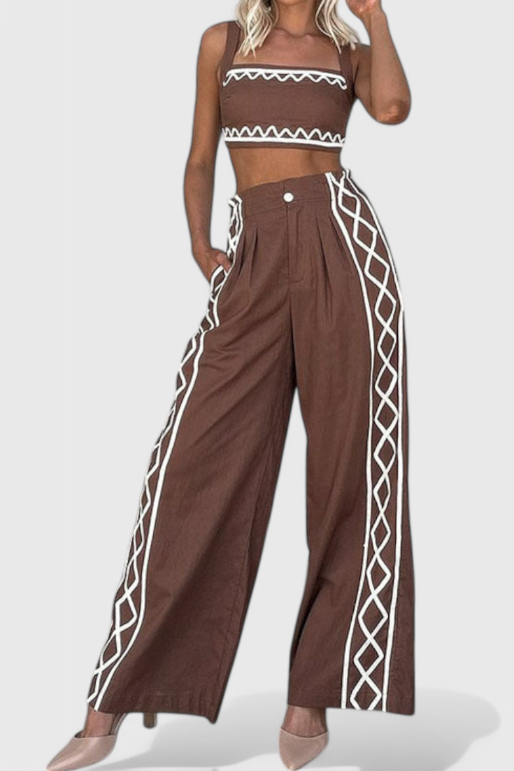 Mirella Σετ Crop Top και Φαρδύ Παντελόνι με Ζιγκ-Ζαγκ Μοτίβο