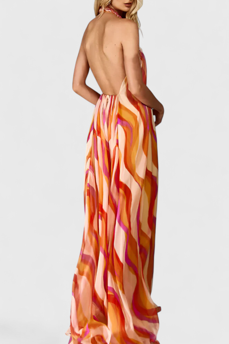 Remi Φόρεμα Maxi Halter με Κυματιστό Μοτίβο και Κομψή Πλέξη